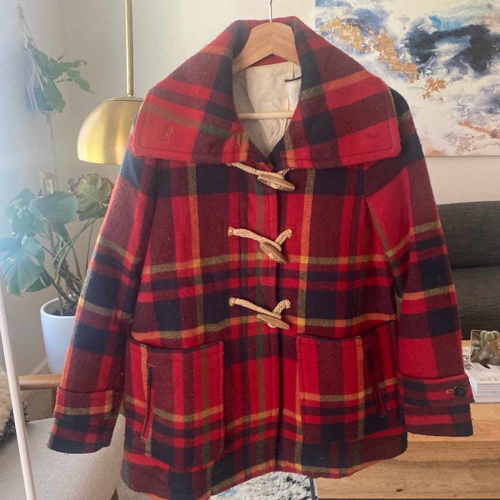 COPY - Anthropologie Red Plaid Toggle Coat 70’s I…